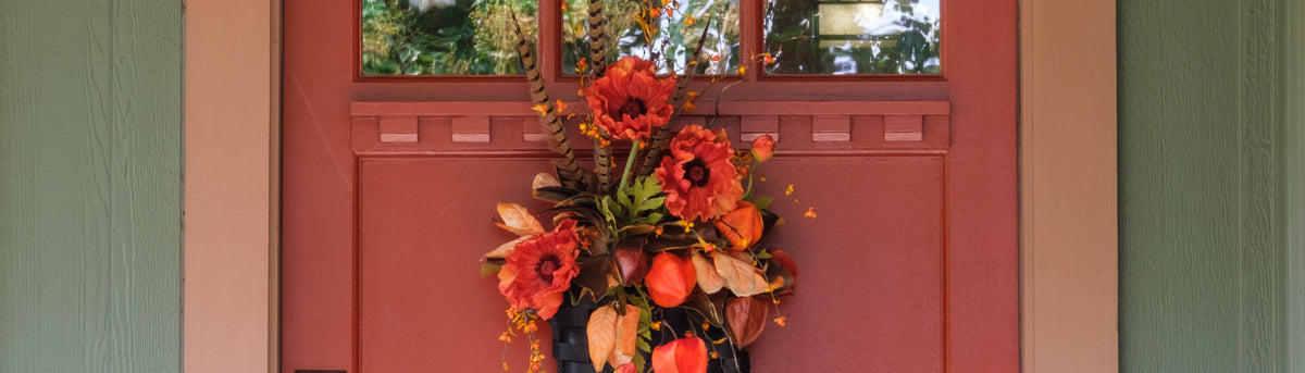 Poppy Perfection door basket on a red door