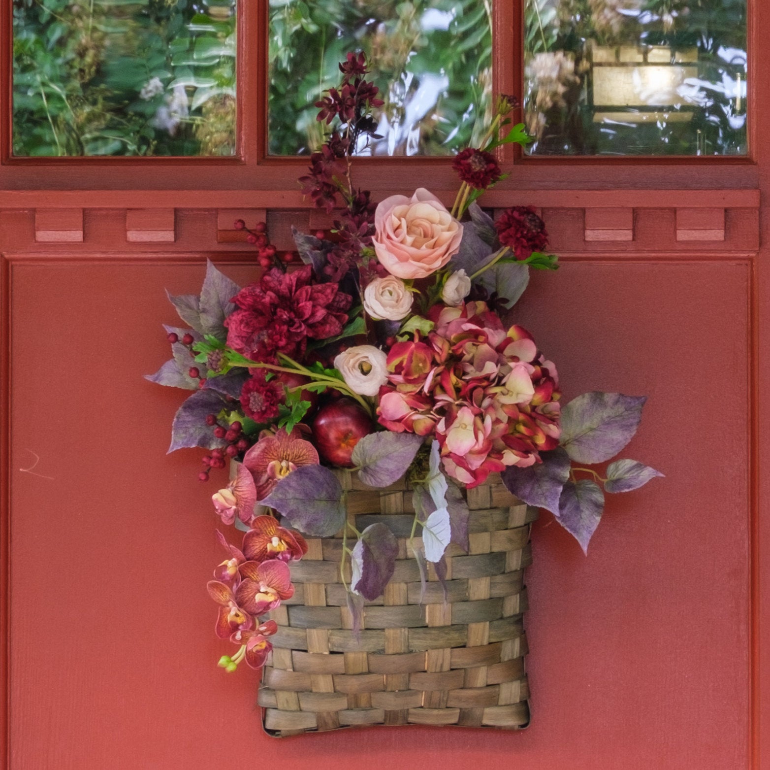 Crimson Crush arrangement on a red door