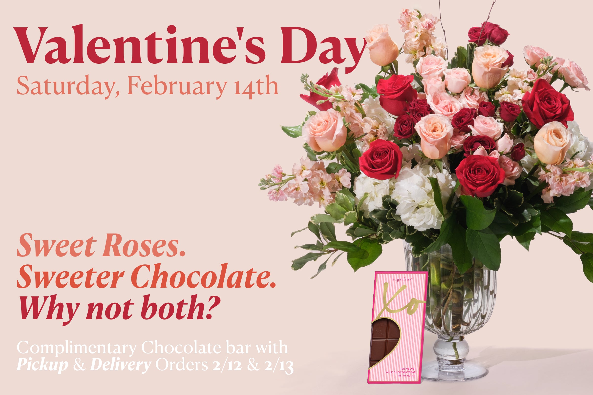 Advertisement for Valentine's Day with flowers and chocolate, featuring text about the date and offer.